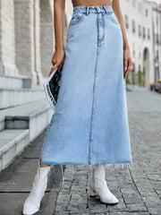Raw Hem Midi Denim Skirt