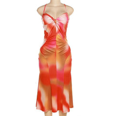 Contrast Knotted Ruched Low Cut V Neck Backless Cami Midi Dress