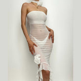 Solid Slit Sheer Mesh See Through Flower Applique Mini Dress