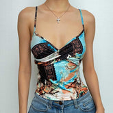 Abstract Print Ruched Contrast V Neck Backless Cami Crop Top - Final Sale