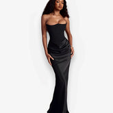 Satin Tube Top Pleated Stitching Dress