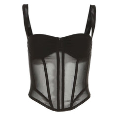 Sheer Mesh Square Neck Corset Backless Ruched Cami Crop Top