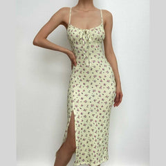 High Slit Floral Heart Neck Ruched Dress