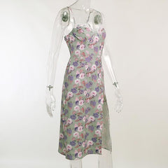 Sleeveless Slit Lace Hem Backless Flower Pattern Print Cami Dress