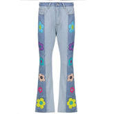 Flower Embroidery Patchwork Contrast Medium Rise Flared Jeans - Final Sale
