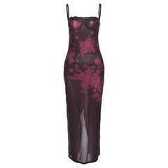 Lace Hem Contrast Flower Pattern Slit Cami Midi Dress