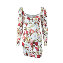 Square Neck Long Sleeve Contrast Flowers Print Mini Dress