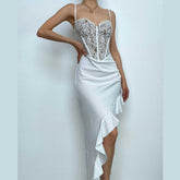Lace Contrast Corset Sweetheart Neck Ruffle Irregular Cami Maxi Dress