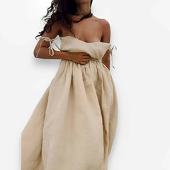 Cotton V-Neck Suspender Long Dress