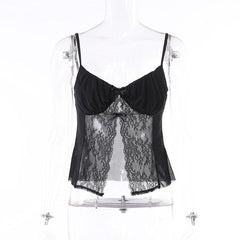 Lace Patchwork Ruched Solid V Neck Slit Cami Crop Top