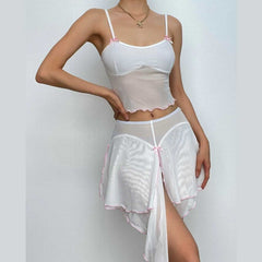 Mesh Ruffle Irregular U Neck Backless Bowknot Patchwork Cami Mini Skirt Set