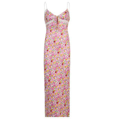 Contrast Print Self Tie Backless Low Cut V Neck Cami Dress