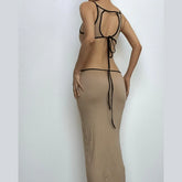 Ribbed Contrast Hollow Out Self Tie Backless Slit Cami Midi Dress