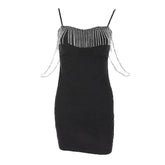 Metal Chain Zip-Up Solid Sweetheart Neck Tassels Cami Dress