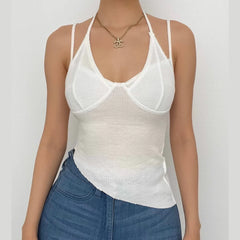 Waffle Halter Self Tie Irregular Solid Cami Crop Top