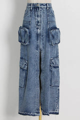 Pocket Patchwork Slit A-Line Denim Cargo Skirt