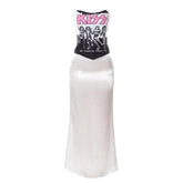 Satin Abstract Print Contrast Low Cut Tube Top Midi Skirt Set