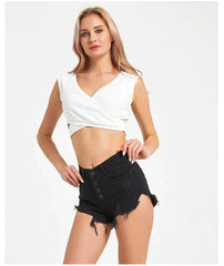 High-Breasted Tassel Denim Shorts