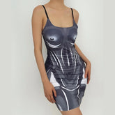Square Neck Low Cut 3D Pattern Print Contrast Backless Cami Dress