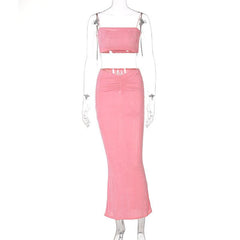 Ruched Solid Spaghetti Strap Backless Square Neck Cami Maxi Skirt Set