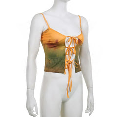 Contrast Print Self Tie Low Cut Backless Cami Crop Top