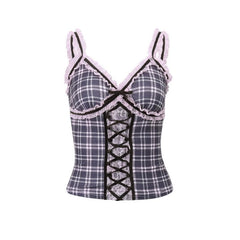 Striped Lace Hem V Neck Lace Up Contrast Cami Top