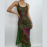Mesh Contrast Patchwork U Neck Backless Cami Maxi Dress