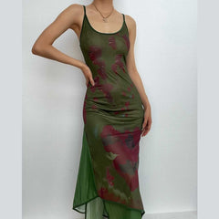 Mesh Contrast Patchwork U Neck Backless Cami Maxi Dress