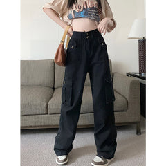 Cargo Pants For Women 2024 New High Waisted Pockets Korean Baggy Wide Leg Pants Streetwear Casual Full Length Pants
