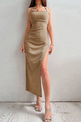 Solid Tie-Back Ribbed Slit Cami Dress