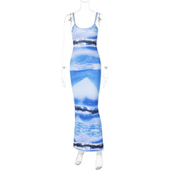 Ribbed Contrast Print Backless U Neck Cami Maxi Dress