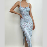 High Slit Floral Heart Neck Ruched Dress