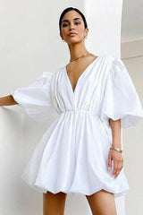 White Satin High Waist Lantern Puff Sleeve Dress