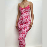 Flower Print Lace Hem V Neck Contrast Backless Cami Midi Dress