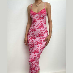 Flower Print Lace Hem V Neck Contrast Backless Cami Midi Dress
