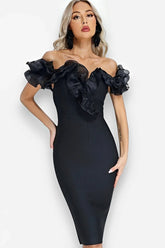 Bandage One-Line Strapless Mesh Black Dress