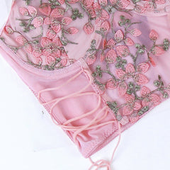Flowers Embroidery Lace Up Mesh Cami Top