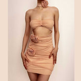 Sheer Mesh Hollow Out Flower Applique Zip-Up Solid Tube Mini Dress