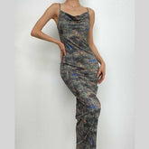 Leopard Print Contrast Cowl Neck Backless Cami Maxi Dress