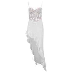 Lace Contrast Corset Sweetheart Neck Ruffle Irregular Cami Maxi Dress