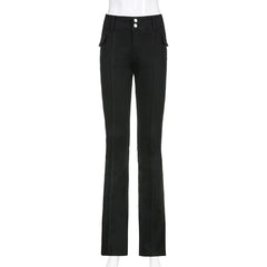 Indie Aesthetics Slim Low Waist Flare Pants E-Girl Vintage Pockets Solid Y2K Pants Autumn 90S Fashion Black Trousers