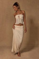 Malita Cream Crochet Sequin Low-Rise Maxi Skirt
