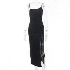 Slit Irregular Zip-Up Solid Backless Cami Midi Dress