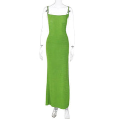 Backless Square Neck Lace Up Backless Solid Slit Cami Midi Dress