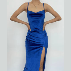 Sleeveless Velvet Slit Cowl Neck Backless Cami Midi Dress