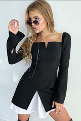 Puff Sleeves Square Neck Slits Dress