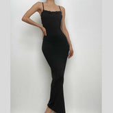 Lace Hem Square Neck Solid Backless Cami Maxi Dress