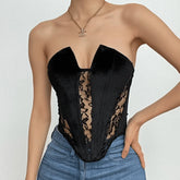 Lace Patchwork Solid Notch Neck Corset Tube Top