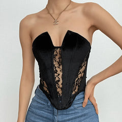 Lace Patchwork Solid Notch Neck Corset Tube Top