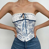 Backless Lace Hem Button Flower Print Stitch Tube Top
